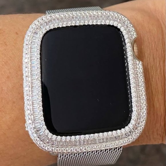 EMJ Bling Silver Baguette Apple Watch Bezel Face Case Cover Series 7/8 41/45 mm - Picture 4 of 7